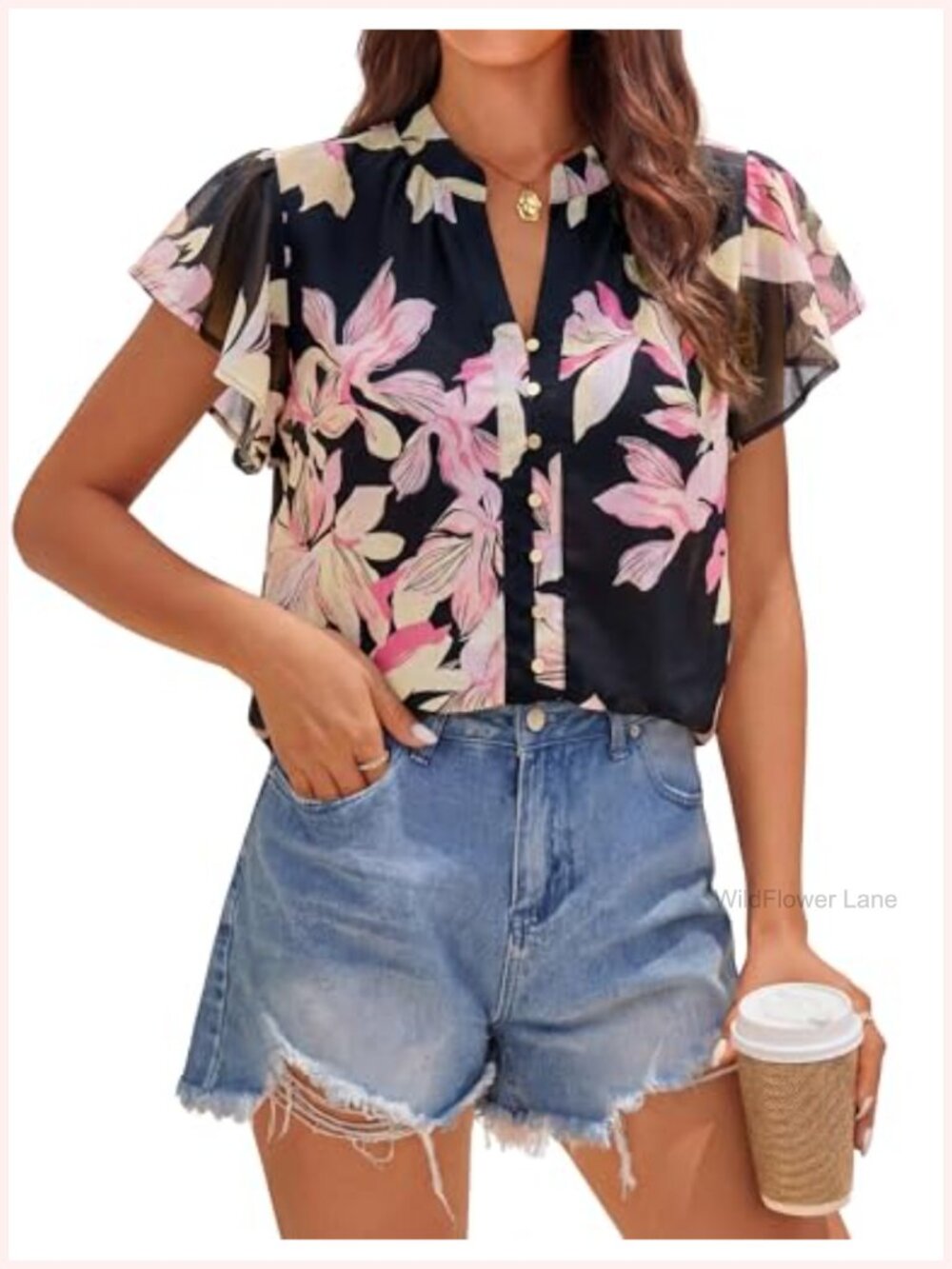 Chiffon Floral Ruffle Sleeve V-Neck Button Down Blouse